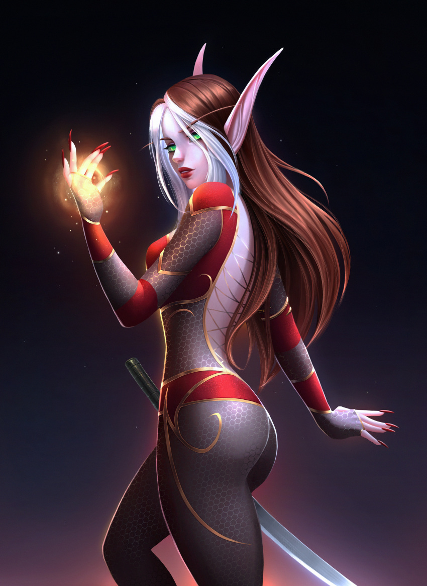1girl, absurdres, alisa_nilsen, ass, bodysuit, brown_hair, commission, cowboy_shot