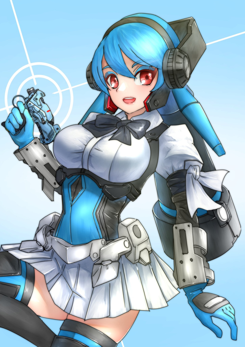 1girl, alice_(girl_gun_lady), bangs, black_bow, blue_eyeshadow, blue_gloves, blue_hair, boots, bow, breasts, collared_shirt, eyeshadow, girl_gun_lady, gloves, gun, hair_between_eyes, handgun, highres, holding, holding_gun, holding_weapon, large_breasts, makeup, open_hand, pistol, pottya, red_eyes, shirt, skindentation, skirt, smile, solo, thigh-highs, thigh_boots, tokusatsu, twintails, weapon, white_shirt, white_skirt