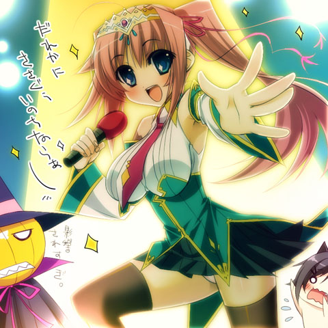 estreia_vit, kan'u, kan'u, koihime_musou, lowres, microphone, thighhighs, zettai_maou