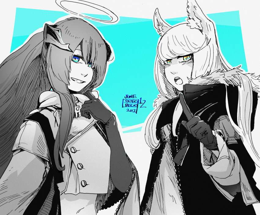 2girls, alternate_costume, animal_ear_fluff, animal_ears, arknights, black_jacket, blue_background, dated, demon_horns, elbow_gloves, fallen_angel, fur-trimmed_jacket, fur_trim, gloves, grin, halo, highres, horns, horse_ears, horse_girl, huge_filesize, jacket, light_blue_eyes, long_hair, looking_at_viewer, mostima_(arknights), multiple_girls, navel, octodeco, platinum_(arknights), pointing, smile, two-tone_background, white_background, yellow_eyes