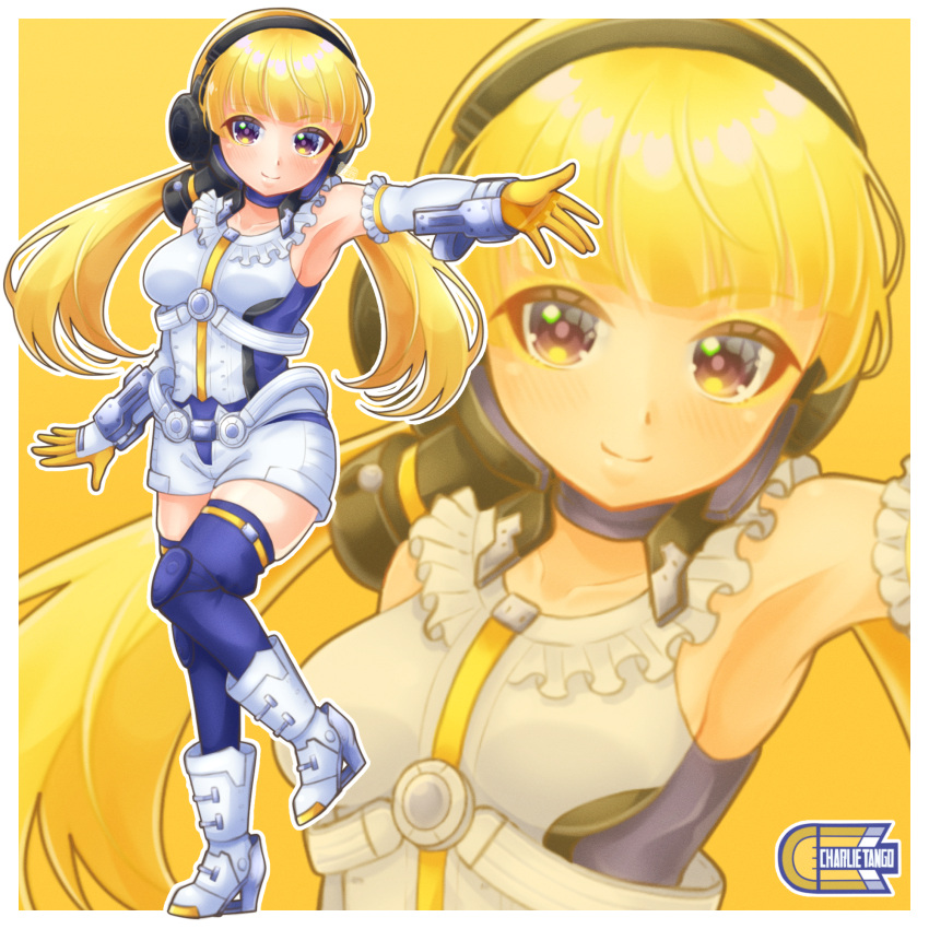 1girl, bangs, blonde_hair, blue_legwear, brown_eyes, charlotte_(girl_gun_lady), collarbone, girl_gun_lady, gloves, headset, highres, long_hair, open_hand, open_hands, shirogane_tsubasa, shorts, skindentation, smile, solo, thigh-highs, tokusatsu, twintails, white_footwear, white_shorts, yellow_gloves, zoom_layer