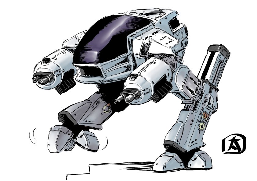 arm_cannon, canopy, ed-209, from_side, mecha, no_humans, ohtagaki_yasuo, robocop