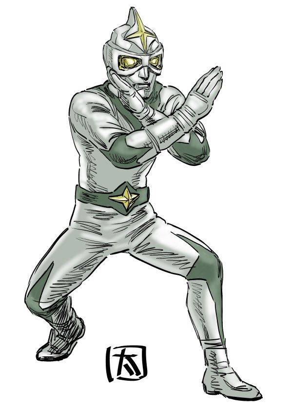 1boy, crossed_arms, gloves, grey_gloves, male_focus, mirrorman, mirrorman_(series), ohtagaki_yasuo