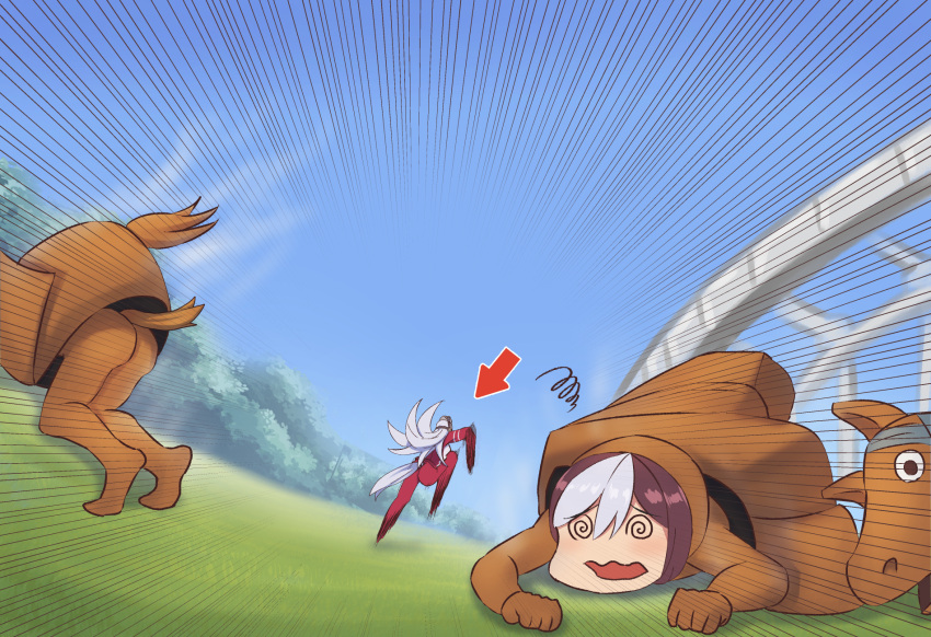 2girls, @_@, animal_ears, brown_hair, emphasis_lines, fleeing, gold_ship_(umamusume), haribote_elegy