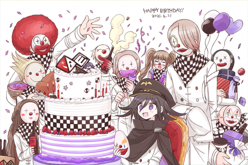 4girls, 6+boys, 8takenokonosato8, :d, afro, bald, balloon, bangs
