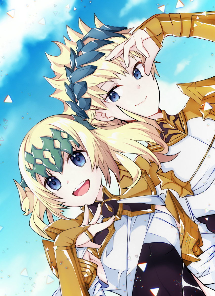 1boy, 1girl, blonde_hair, blue_eyes, blue_sky, brother_and_sister, castor_(fate), clouds
