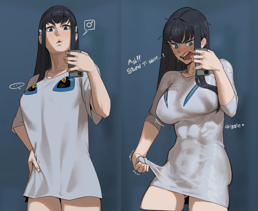 ..., 1girl, bangs, black_hair, blue_eyes, blush, breasts, cellphone, english_text, grey_shirt, hand_on_hip, holding, holding_phone, hong_doo, junketsu, kill_la_kill, kiryuuin_satsuki, long_hair, looking_at_viewer, nose_blush, open_mouth, pajamas_challenge, phone, selfie, shirt, short_sleeves, sidelocks, sleeves_past_elbows, smartphone, spoken_ellipsis, taut_clothes, taut_shirt, upper_teeth