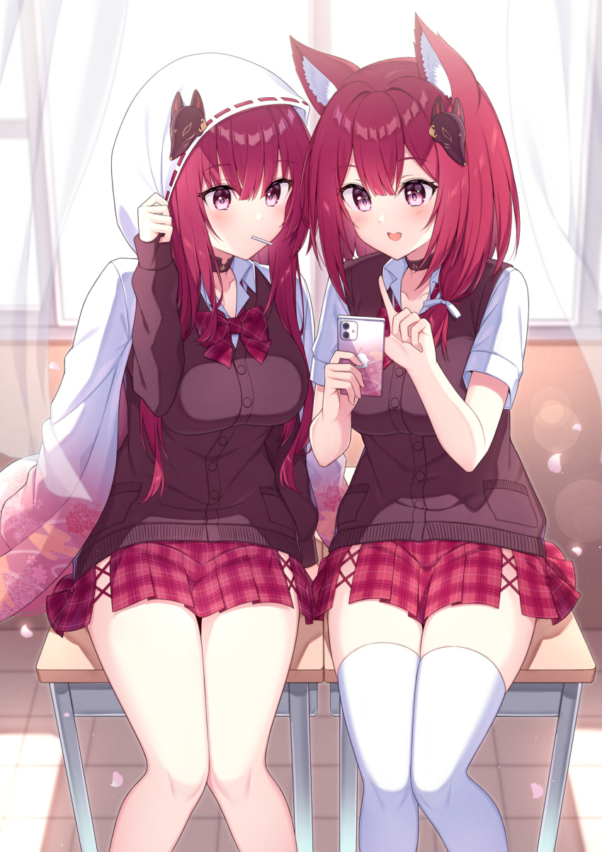 2girls, :d, alternate_costume, animal_ears, azur_lane, bangs, blush, bow