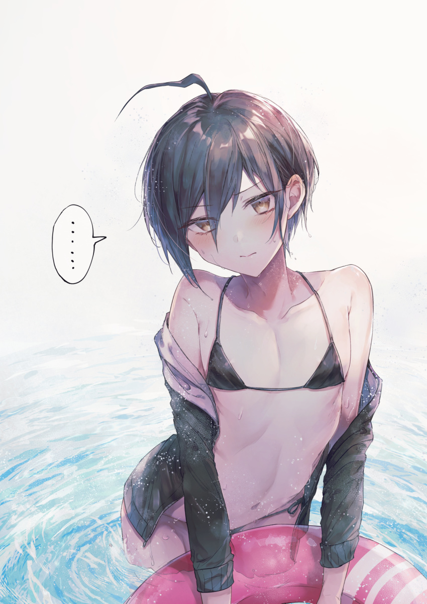 ..., 1boy, ahoge, bangs, bikini, black_bikini, black_hair, black_jacket