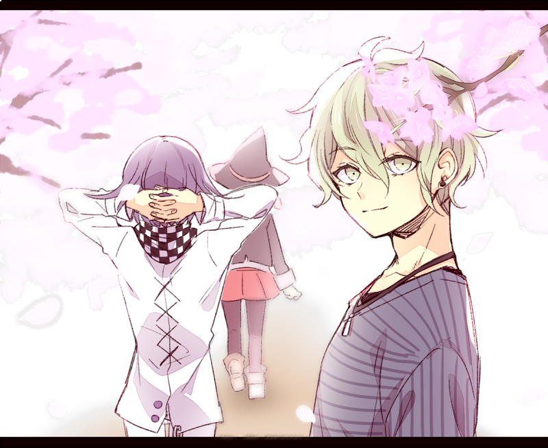 1girl, 2boys, amami_rantarou, arms_behind_head, bangs, black_headwear, black_jacket, chikuwapan, commentary_request, cowboy_shot, dangan_ronpa_(series), dangan_ronpa_v3:_killing_harmony, ear_piercing, earrings, eyebrows_visible_through_hair, from_behind, from_side, green_hair, hair_between_eyes, hat, jacket, jewelry, letterboxed, long_sleeves, looking_at_viewer, male_focus, messy_hair, multiple_boys, necklace, ouma_kokichi, pants, pantyhose, petals, piercing, plaid, purple_hair, red_skirt, shoes, short_hair, skirt, smile, solo_focus, white_jacket, witch_hat, yumeno_himiko