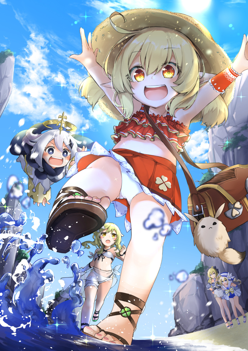 5girls, :d, absurdres, adapted_costume, ahoge, alternate_costume, armpits, arms_behind_back