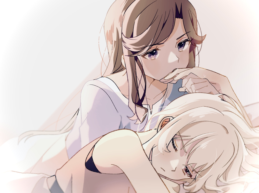 2girls, :/, backlighting, bangs, bare_shoulders, blanket, blonde_hair, blurry