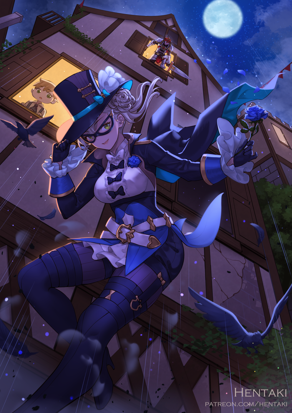 1girl, 2boys, animal, artist_name, bird, black_bow, black_footwear, black_gloves, black_headwear, black_jacket, black_legwear, black_shorts, blue_flower, blue_rose, boots, bow, breasts, brown_eyes, brown_hair, center_frills, commentary, domino_mask, dragalia_lost, english_commentary, flower, frilled_sleeves, frills, full_moon, gloves, green_eyes, grey_hair, hair_bun, hand_on_headwear, hand_up, hat, hentaki, high_heel_boots, high_heels, highres, holding, holding_flower, holding_sword, holding_weapon, jacket, karl_(dragalia_lost), lapis_(dragalia_lost), long_sleeves, mask, medium_breasts, moon, multiple_boys, outdoors, purple_legwear, redhead, rose, shirt, short_shorts, shorts, side_bun, side_ponytail, sword, thigh-highs, thigh_boots, top_hat, watermark, weapon, web_address, white_bow, white_shirt