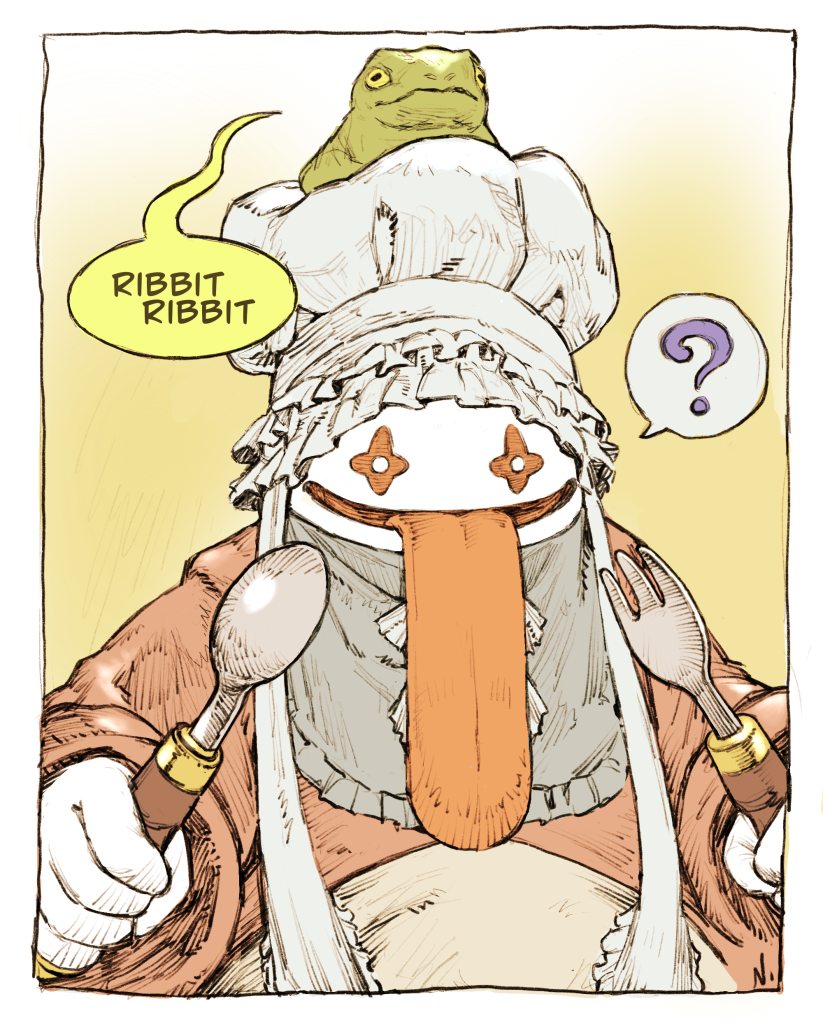 1other, ?, animal_on_head, border, chef_hat, colored_skin, final_fantasy, final_fantasy_ix
