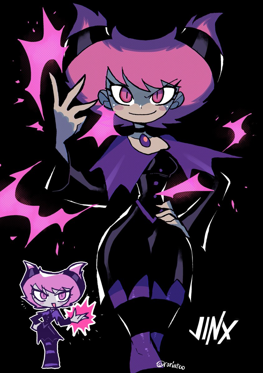 1girl, blush, breasts, chibi, chibi_inset, commentary_request, dc_comics, drill_hair, hand_on_hip, highres, jinx_(dc), magic, multicolored, multicolored_clothes, multicolored_legwear, pantyhose, photoshop_(medium), pink_hair, purple_legwear, rariatto_(ganguri), short_hair, small_breasts, smile, solo, striped, striped_legwear, teen_titans, twin_drills, twitter_username