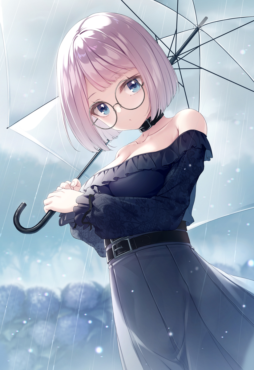 1girl, belt, belt_buckle, black-framed_eyewear, black_belt, black_collar, black_shirt, blue_eyes, blush, buckle, closed_mouth, collar, commentary_request, day, flower, frilled_shirt_collar, frills, glasses, grey_skirt, high-waist_skirt, highres, holding, holding_umbrella, hydrangea, kine-c, looking_at_viewer, off-shoulder_shirt, off_shoulder, original, outdoors, pink_hair, pleated_skirt, rain, round_eyewear, shirt, short_hair, skirt, solo, transparent, transparent_umbrella, umbrella