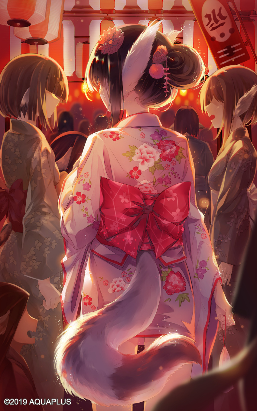 3girls, animal_ears, back, bag, baisi_shaonian, bangs, breasts, cherry_blossoms