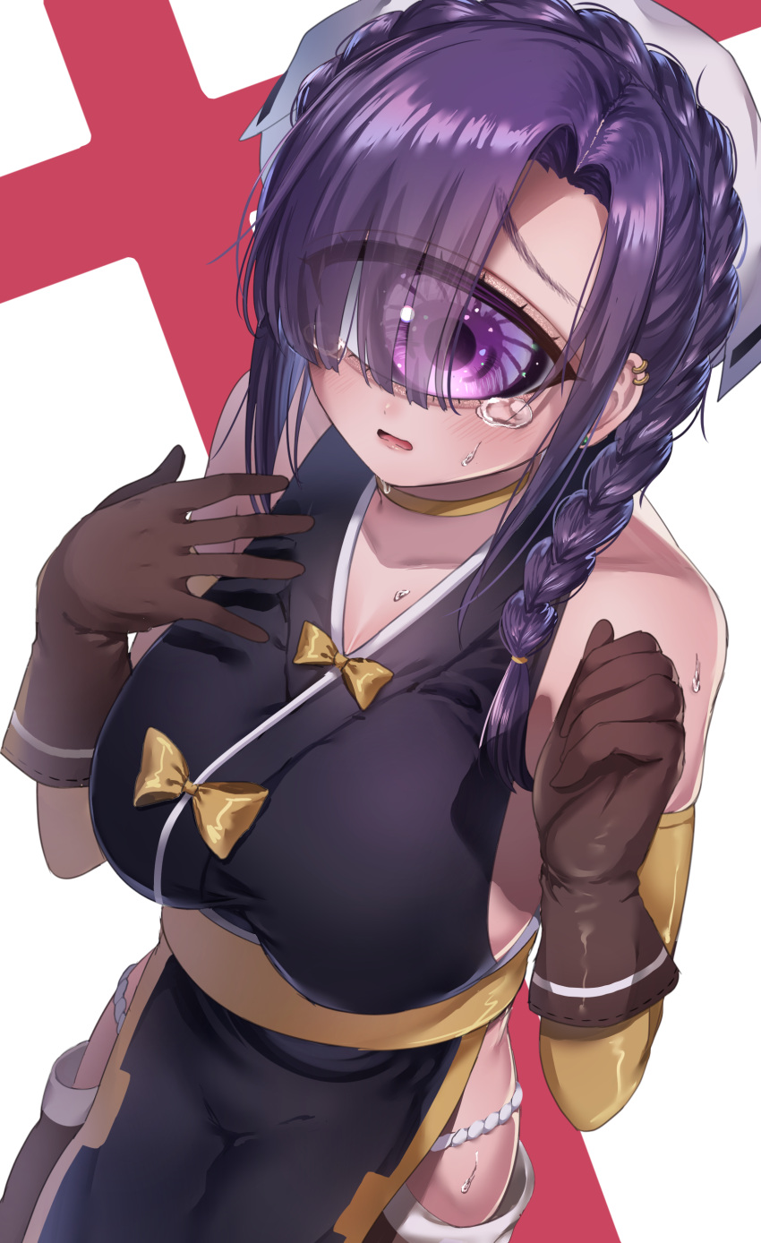 1girl, absurdres, bare_shoulders, blush, breasts, brown_gloves, cyclops, gloves, head_scarf, highres, large_breasts, meme_redon, mntimccz, monster_girl, monster_musume_no_oisha-san, one-eyed, open_mouth, purple_hair, sideless_outfit, solo, tears, violet_eyes