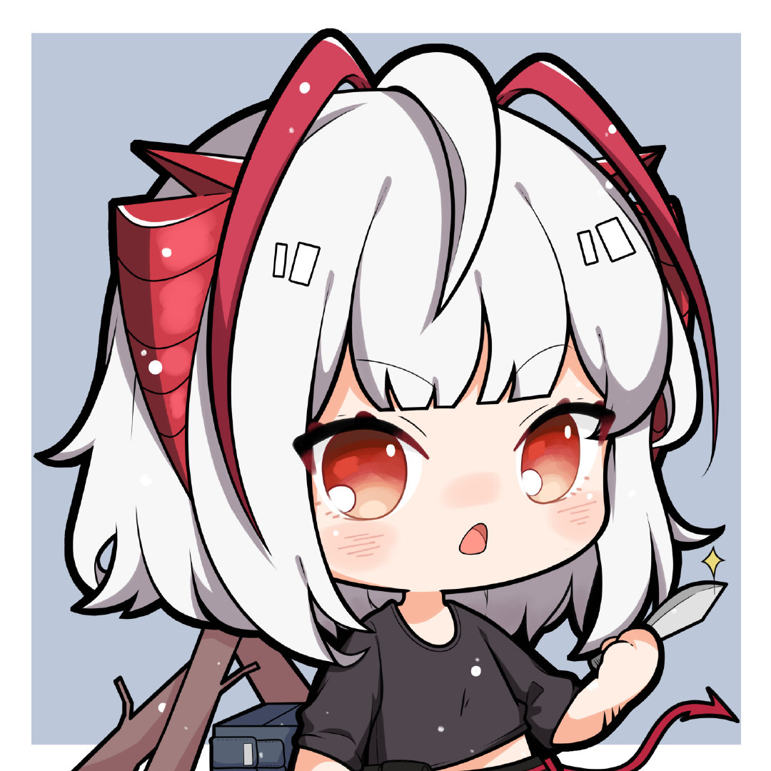 1girl, ahoge, arknights, black_shirt, blush, chibi, chinese_commentary, commentary