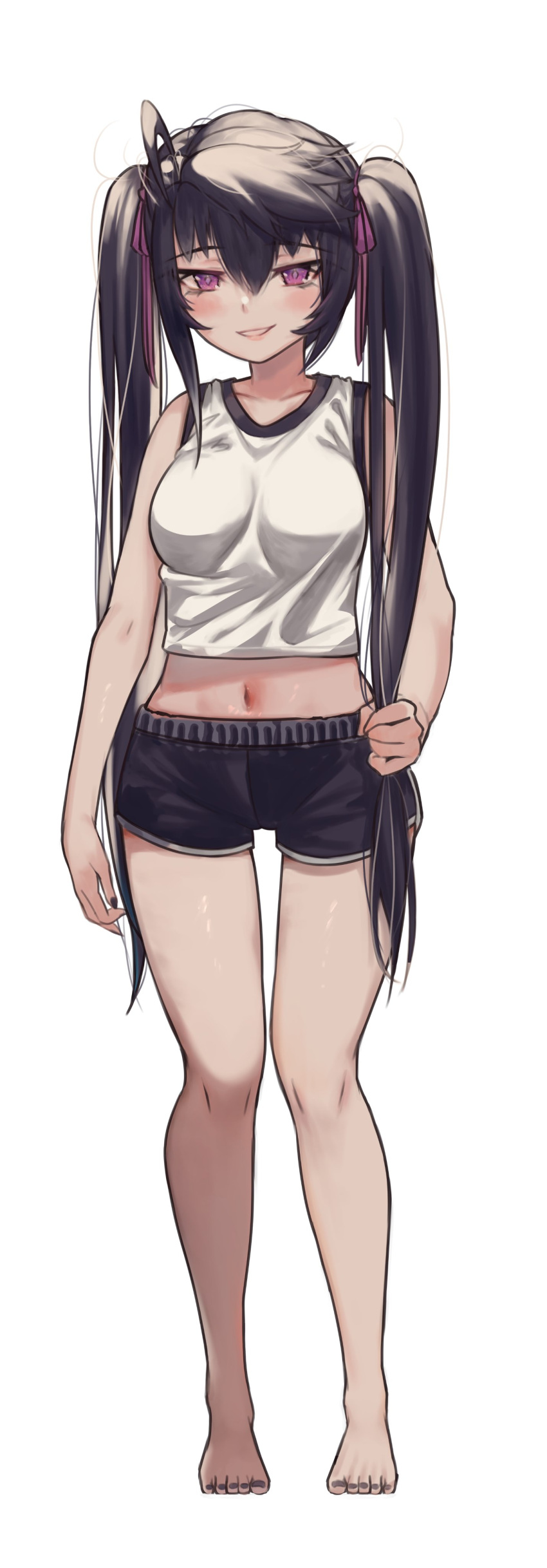 1girl, absurdres, ahoge, bangs, bare_arms, bare_shoulders, barefoot, black_hair, black_shorts, blush, breasts, collarbone, full_body, grin, hair_ribbon, highres, long_hair, looking_at_viewer, midriff, navel, original, pink_ribbon, priite_hari_(torriet), ribbon, short_shorts, shorts, simple_background, smile, solo, stomach, torriet, twintails, violet_eyes, white_background