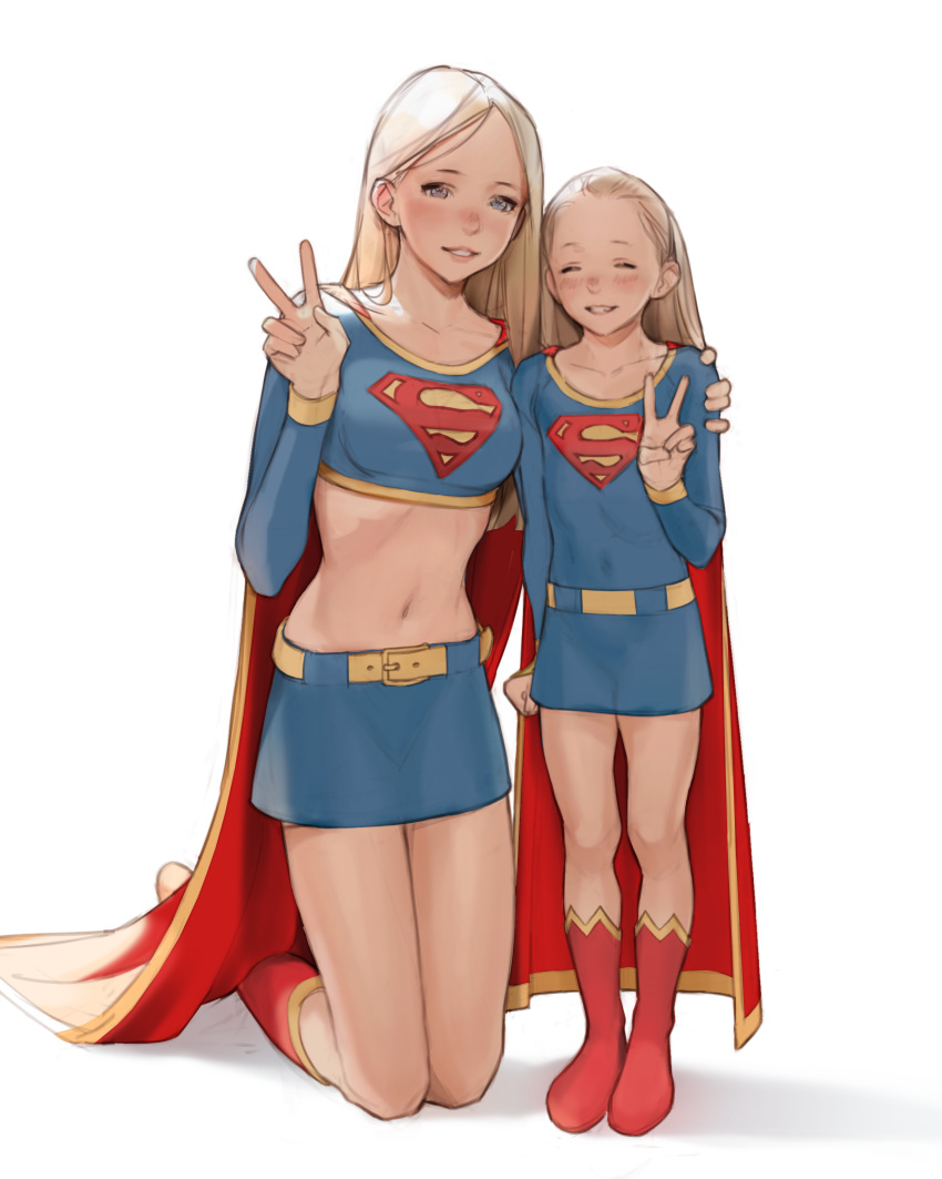 2girls, absurdres, age_difference, blonde_hair, blue_bow, blue_eyes, blue_skirt, bow