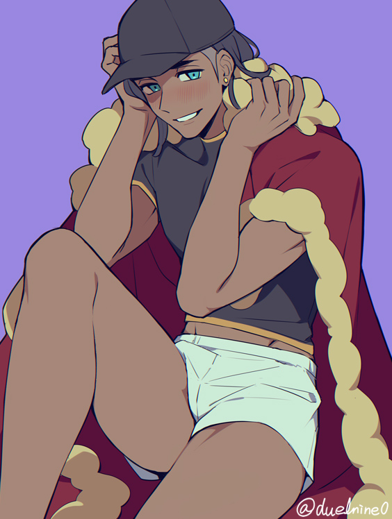 1boy, baseball_cap, black_hair, blue_eyes, blush, cape, commentary_request, cosplay
