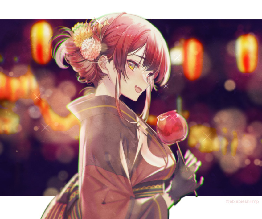 1girl, alternate_costume, black_gloves, black_kimono, blurry, blurry_background, blush, bokeh