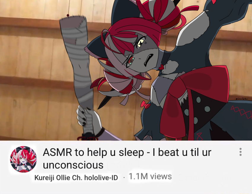 1girl, asmr, black_nails, ch@osyukari, commentary, english_commentary, heterochromia, highres, holding_leg, hololive, hololive_indonesia, kureiji_ollie, multicolored_hair, parody, parted_lips, patchwork_skin, pink_hair, redhead, stitches, upper_teeth, virtual_youtuber, white_hair, zombie