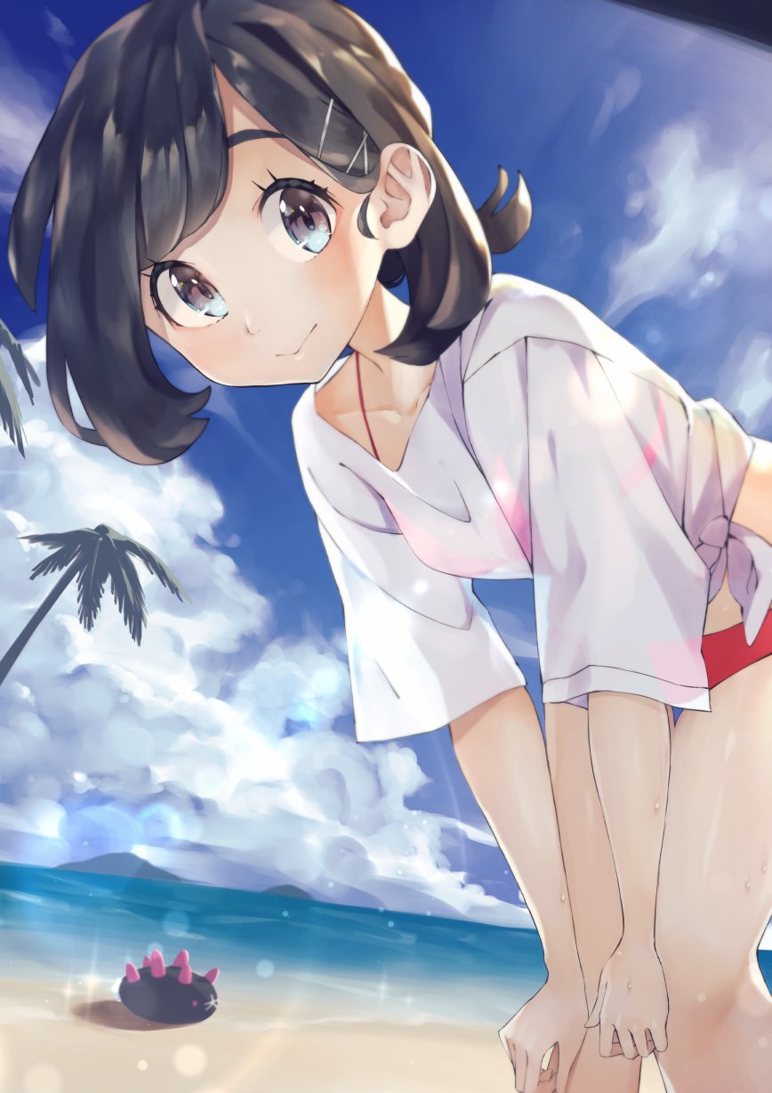 1girl, alternate_costume, bent_over, bikini, bikini_under_clothes, blush, closed_mouth, clouds