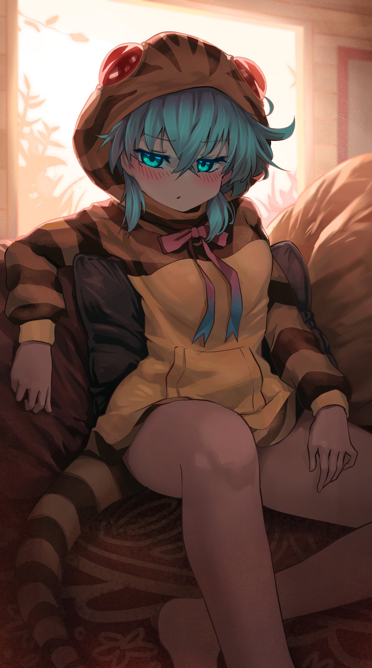 1girl, bare_legs, barefoot, blue_eyes, blue_hair, blue_neckwear, blush, bow