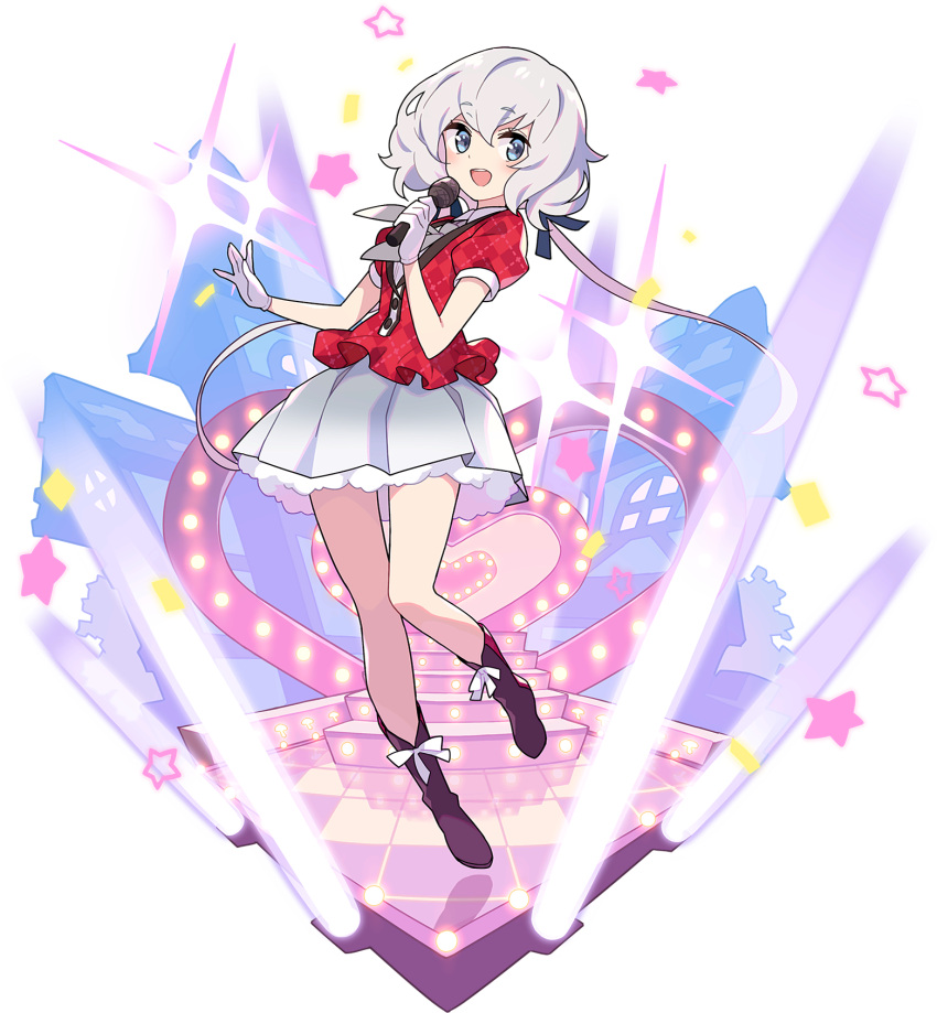 1girl, argyle_shirt, artist_request, bangs, black_footwear, blue_eyes, blue_ribbon, blush, boots, buttons, collared_shirt, confetti, eyebrows_visible_through_hair, frilled_shirt, frilled_skirt, frills, full_body, gloves, gradient_skirt, grey_hair, grey_neckwear, grey_skirt, hair_ribbon, hands_up, happy, heart, highres, holding, holding_microphone, knees_together_feet_apart, konno_junko, leg_up, long_hair, looking_to_the_side, low_twintails, microphone, miniskirt, neckerchief, non-web_source, official_art, open_mouth, pleated_skirt, puffy_short_sleeves, puffy_sleeves, red_shirt, reflection, ribbon, shiny, shiny_hair, shirt, short_sleeves, sidelocks, skirt, smile, solo, sparkle, stage, stage_lights, stairs, standing, standing_on_one_leg, star_(symbol), teeth, thigh_gap, tied_hair, transparent_background, twintails, very_long_hair, white_gloves, world_flipper, zombie_land_saga