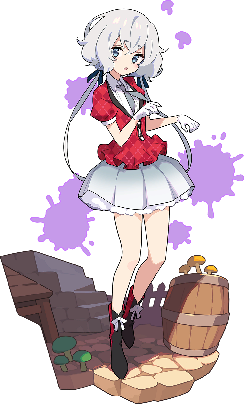 1girl, argyle_shirt, artist_request, bangs, barrel, black_footwear, blue_eyes, blue_ribbon, blush, boots, buttons, collared_shirt, day, eyebrows_visible_through_hair, frilled_shirt, frilled_skirt, frills, full_body, gloves, gradient_skirt, grey_hair, grey_neckwear, grey_skirt, hair_ribbon, hands_up, heel_up, highres, konno_junko, long_hair, looking_to_the_side, low_twintails, miniskirt, mushroom, neckerchief, non-web_source, official_art, open_mouth, outdoors, outstretched_arms, pleated_skirt, puffy_short_sleeves, puffy_sleeves, red_shirt, ribbon, shiny, shiny_hair, shirt, short_sleeves, sidelocks, skirt, solo, splatter, stairs, standing, table, tied_hair, transparent_background, twintails, very_long_hair, white_gloves, world_flipper, zombie_land_saga, zombie_pose
