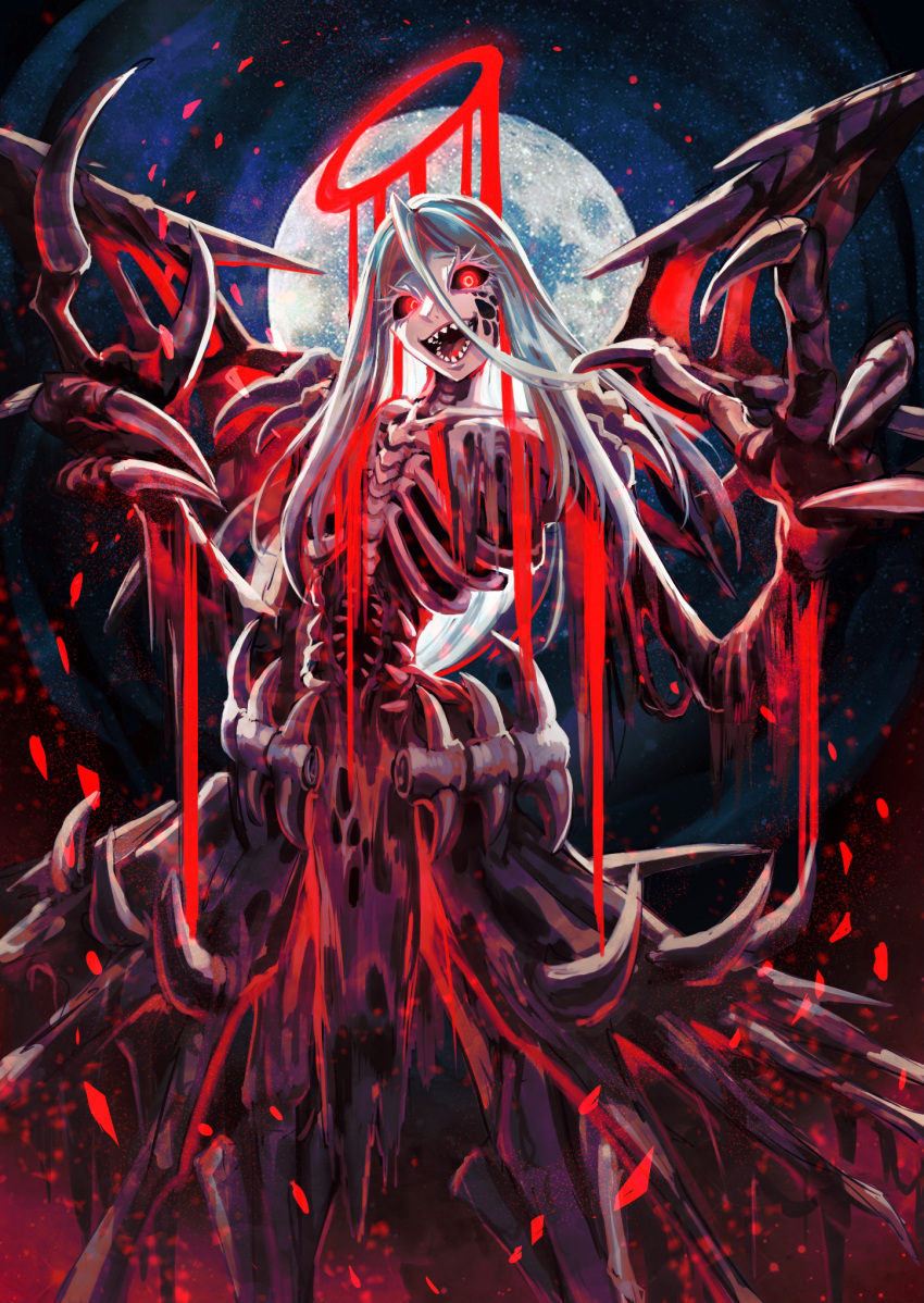 1girl, :d, black_sclera, bone, claws, colored_sclera, cowboy_shot, evil_smile, eyelashes, full_moon, glowing, glowing_eyes, highres, keselum_(neganeura), long_hair, looking_at_viewer, monster_girl, moon, multicolored_hair, open_mouth, original, red_eyes, redhead, ribs, sharp_teeth, silver_hair, smile, solo, standing, streaked_hair, teeth, two-tone_hair, white_eyelashes, zombie