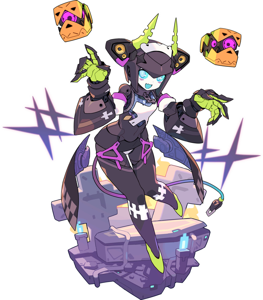 1girl, artist_request, black_hair, black_legwear, black_skirt, blue_eyes, blue_fire, blue_sclera, blush_stickers, bob_cut, breasts, broken, broken_chain, cable, cable_tail, candle, chain, coffin, colored_sclera, cuffs, detached_sleeves, dia_(world_flipper), fake_horns, fang, fire, floating, floating_object, full_body, gloves, green_footwear, green_gloves, green_horns, hair_ornament, hairband, hands_up, happy, headgear, highres, horns, humanoid_robot, knees_together_feet_apart, leg_up, looking_at_viewer, microskirt, navel, non-web_source, official_art, open_mouth, panties, pencil_skirt, shackles, shoes, short_hair, skin_fang, skirt, small_breasts, smile, solo, sparkle, speaker, standing, standing_on_one_leg, tail, thigh-highs, tombstone, transparent, transparent_background, underwear, white_hairband, white_panties, world_flipper