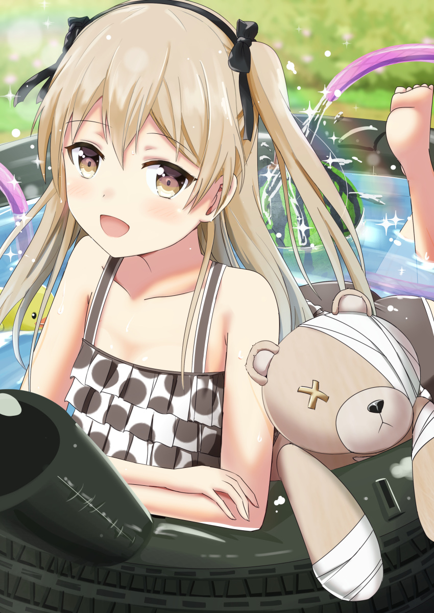 1girl, absurdres, bandages, bangs, barefoot, black_ribbon, black_swimsuit, blurry