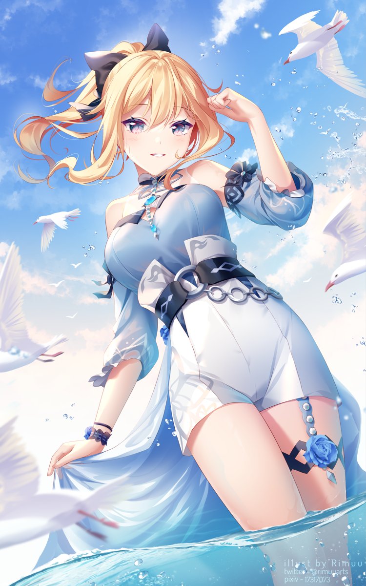1girl, aqua_flower, bare_shoulders, beach, bird, blonde_hair, blouse, blue_blouse