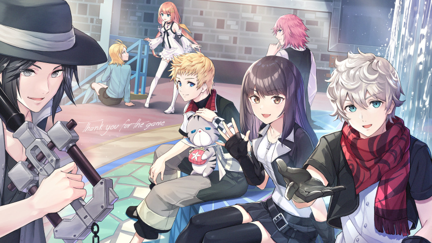 absurdres, antenna_hair, arm_support, black_hair, black_legwear, blonde_hair, blue_eyes, brain_(kingdom_hearts)