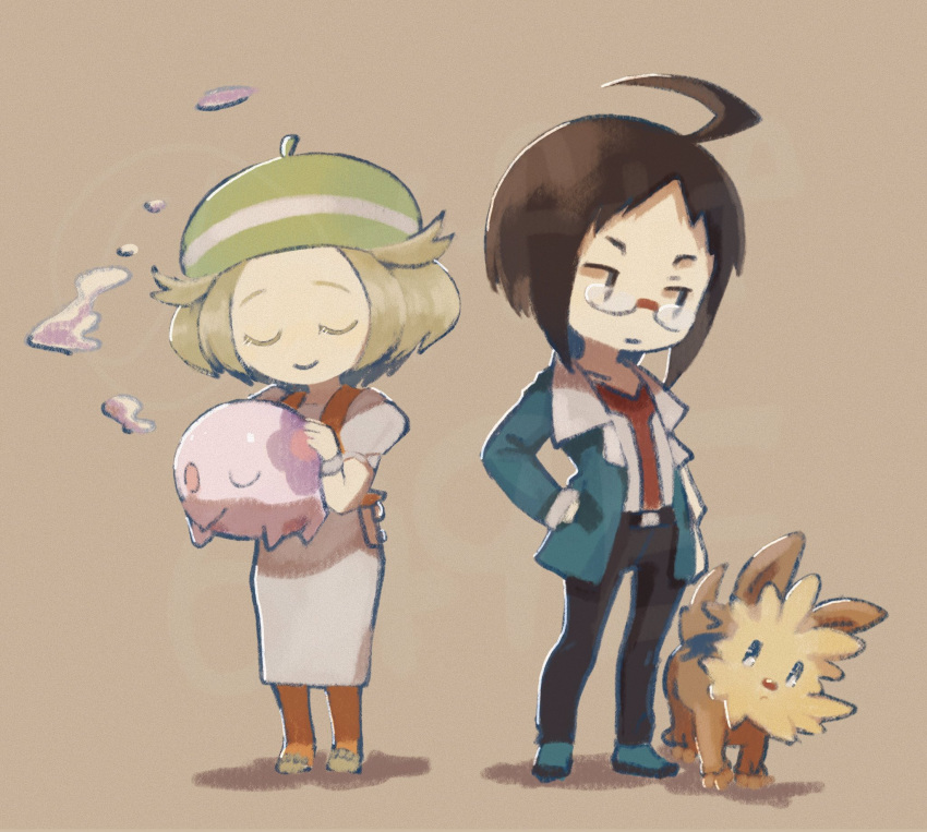 1boy, 1girl, ahoge, bangs, belt, belt_buckle, beret, bianca_(pokemon)