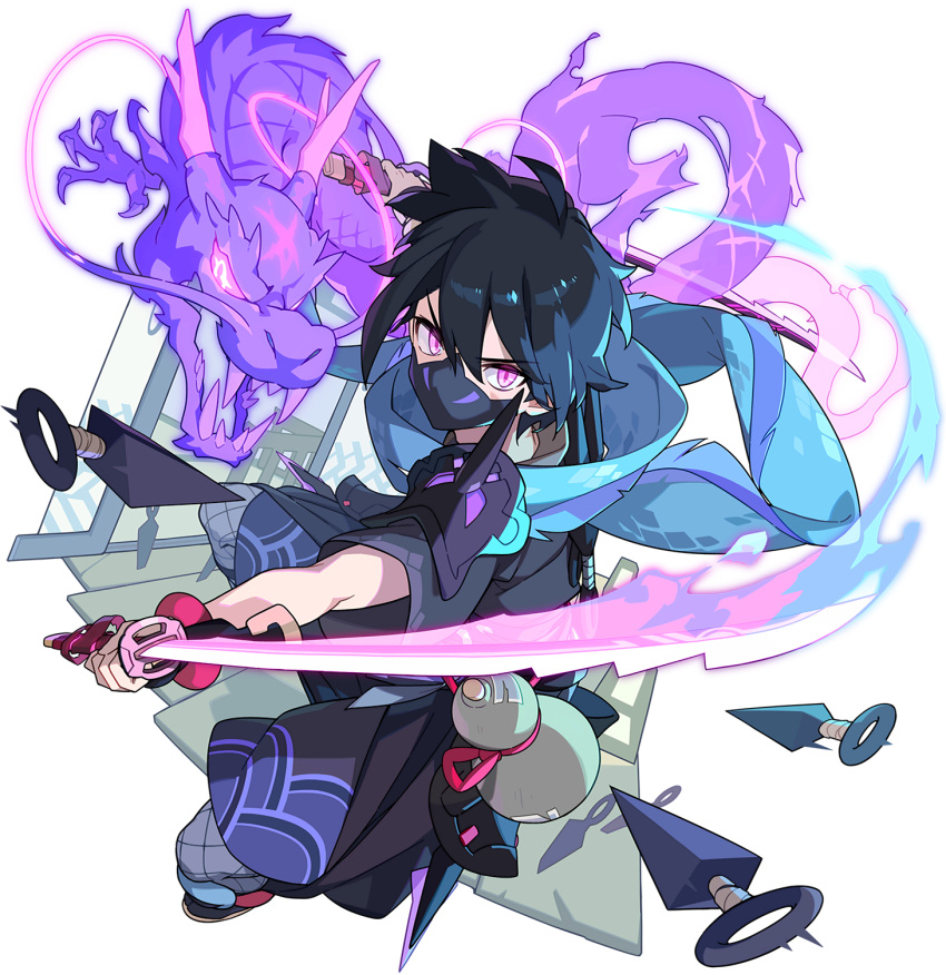 1boy, armor, arms_up, artist_request, bangs, black_footwear, black_hair, black_hakama, black_kimono, black_legwear, blue_scarf, colored_sclera, covered_mouth, dragon, dual_wielding, dutch_angle, eyebrows_visible_through_hair, fishnet_legwear, fishnets, full_body, glowing, glowing_eyes, gourd, hakama, highres, holding, holding_sword, holding_weapon, indoors, japanese_clothes, jika-tabi, jumping, katana, kimono, kunai, lizard_tail, looking_at_viewer, male_focus, mask, ninja, non-web_source, official_art, outstretched_arms, pauldrons, pink_eyes, pink_sclera, scarf, short_hair, short_sleeves, shoulder_armor, shoulder_spikes, sidelocks, sliding_doors, spikes, sword, tail, transparent_background, v-shaped_eyebrows, vambraces, weapon, white_eyes, wide_sleeves, world_flipper, yakumo_(world_flipper)