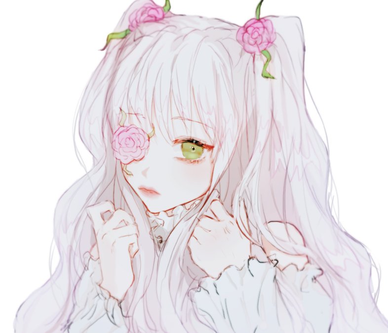 1girl, bad_id, bad_twitter_id, blouse, boychaaa, eyepatch, flower, flower_eyepatch