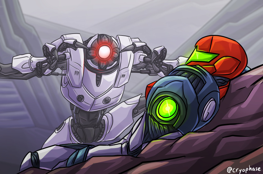 1girl, absurdres, claws, cryophase, e.m.m.i._(metroid), helmet, highres, looking_at_another