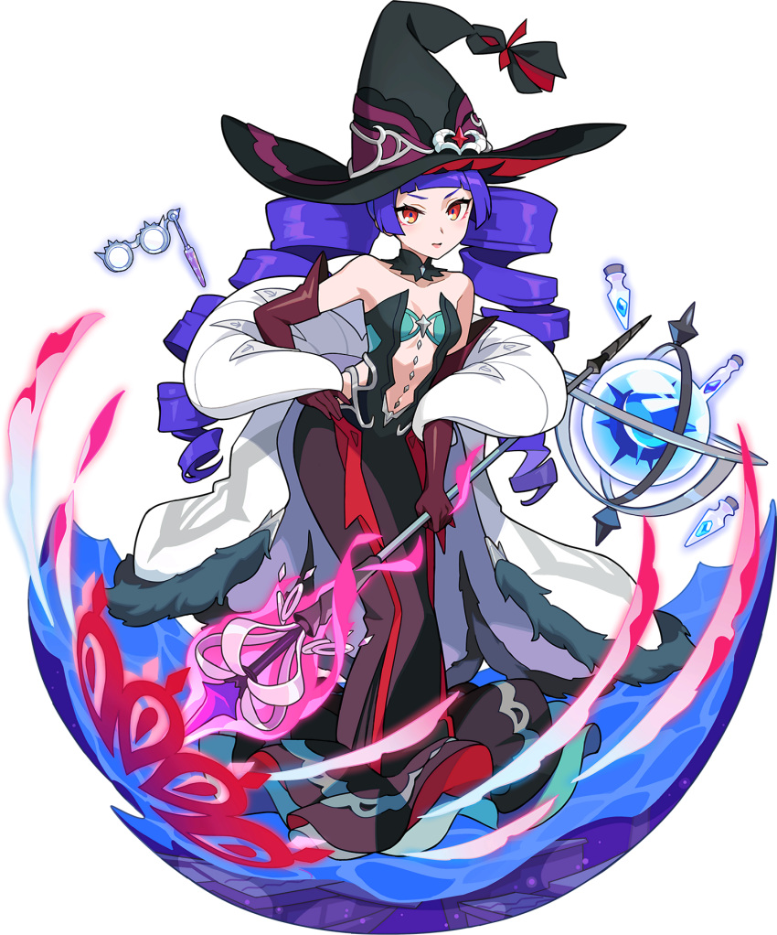 1girl, artist_request, aura, bangs, bare_shoulders, black_dress, black_headwear, blunt_bangs