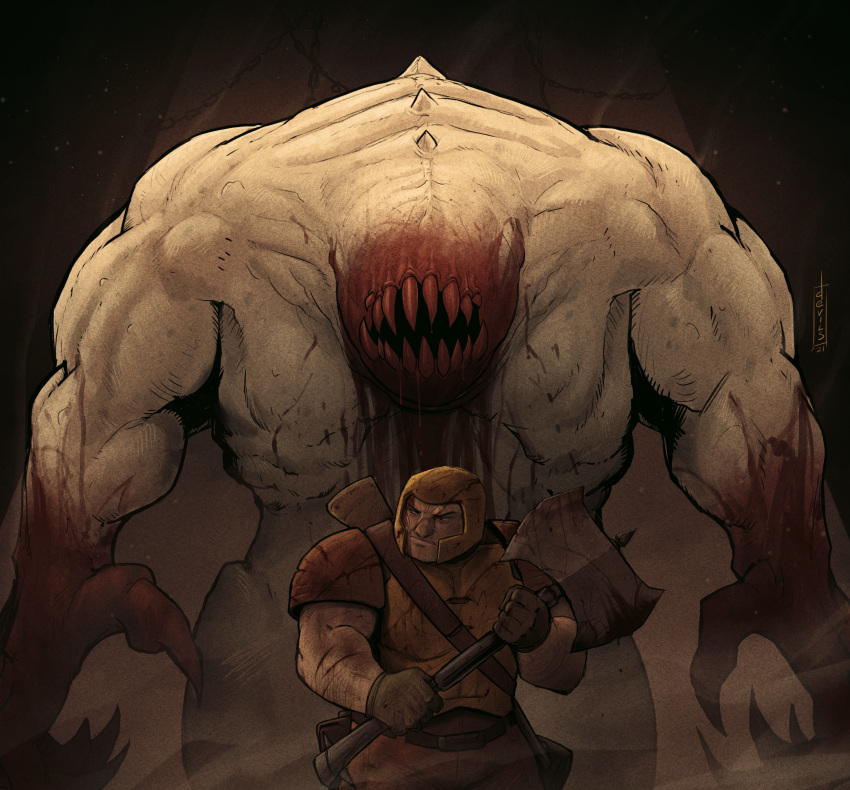 2boys, absurdres, armor, axe, battle_axe, blood, blood_from_mouth, claws