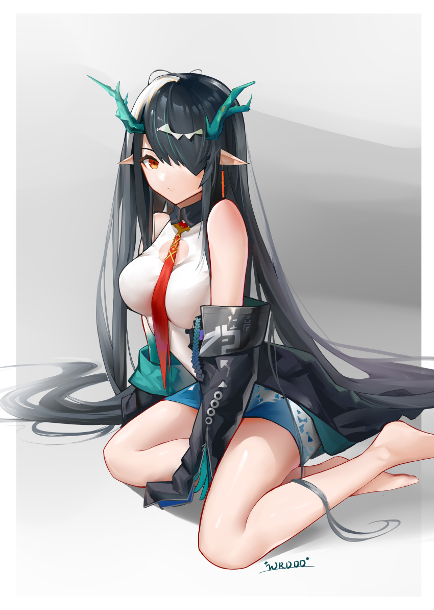 1girl, absurdres, arknights, artist_name, between_breasts, black_collar, black_hair, black_jacket