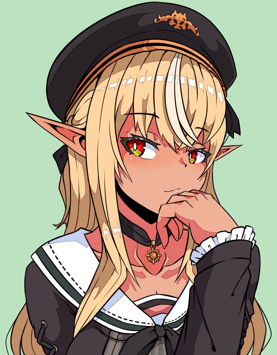 1girl, aikohgin, beret, black_choker, blonde_hair, bright_pupils, choker, closed_mouth, collarbone, dark-skinned_female, dark_skin, elf, emblem, fingernails, frilled_sleeves, frills, green_background, hand_on_own_chin, hat, hat_ribbon, highres, hololive, light_smile, lips, long_hair, looking_at_viewer, multicolored_hair, pendant_choker, pointy_ears, red_eyes, ribbon, sailor_collar, school_uniform, shiranui_flare, sidelocks, simple_background, solo, streaked_hair, tsurime, upper_body, virtual_youtuber, white_pupils