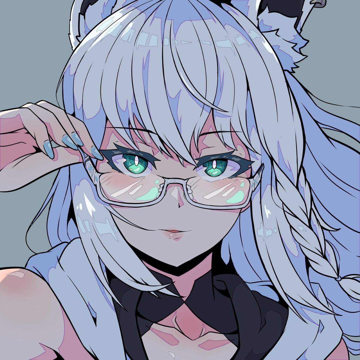 1girl, adjusting_eyewear, aikohgin, animal_ears, bespectacled, blue_nails, braid, bright_pupils
