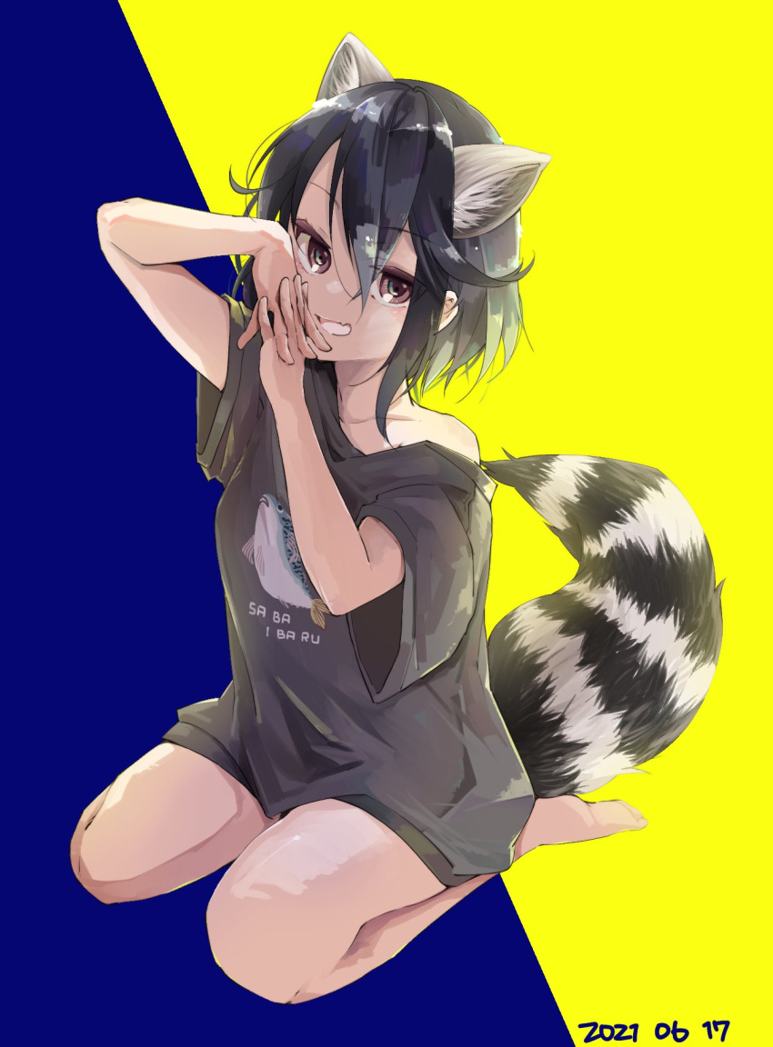 1girl, alternate_costume, animal_ears, bare_legs, barefoot, black_shorts, brown_eyes, casual