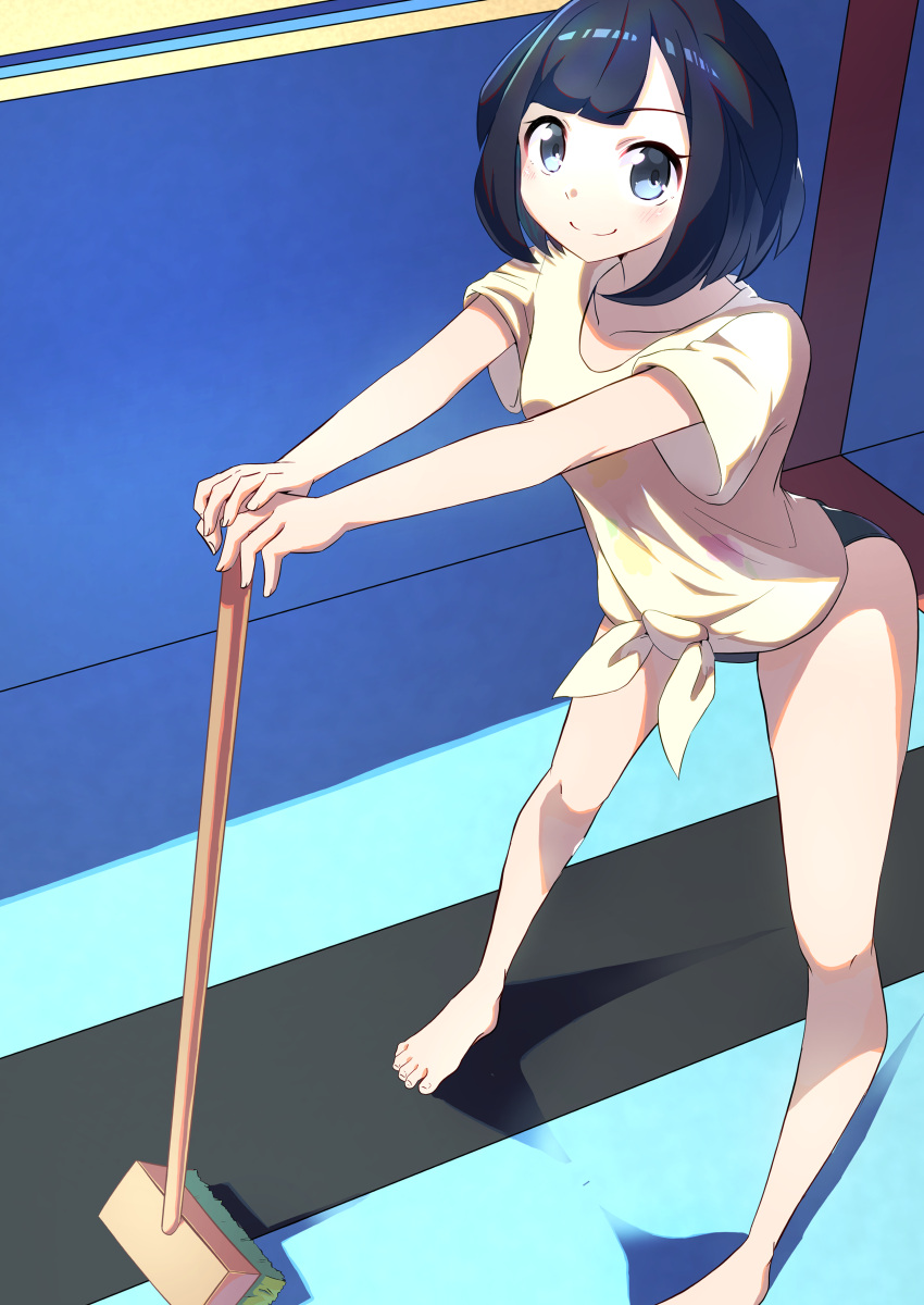1girl, absurdres, bangs, barefoot, bikini, bikini_bottom, black_bikini, black_hair