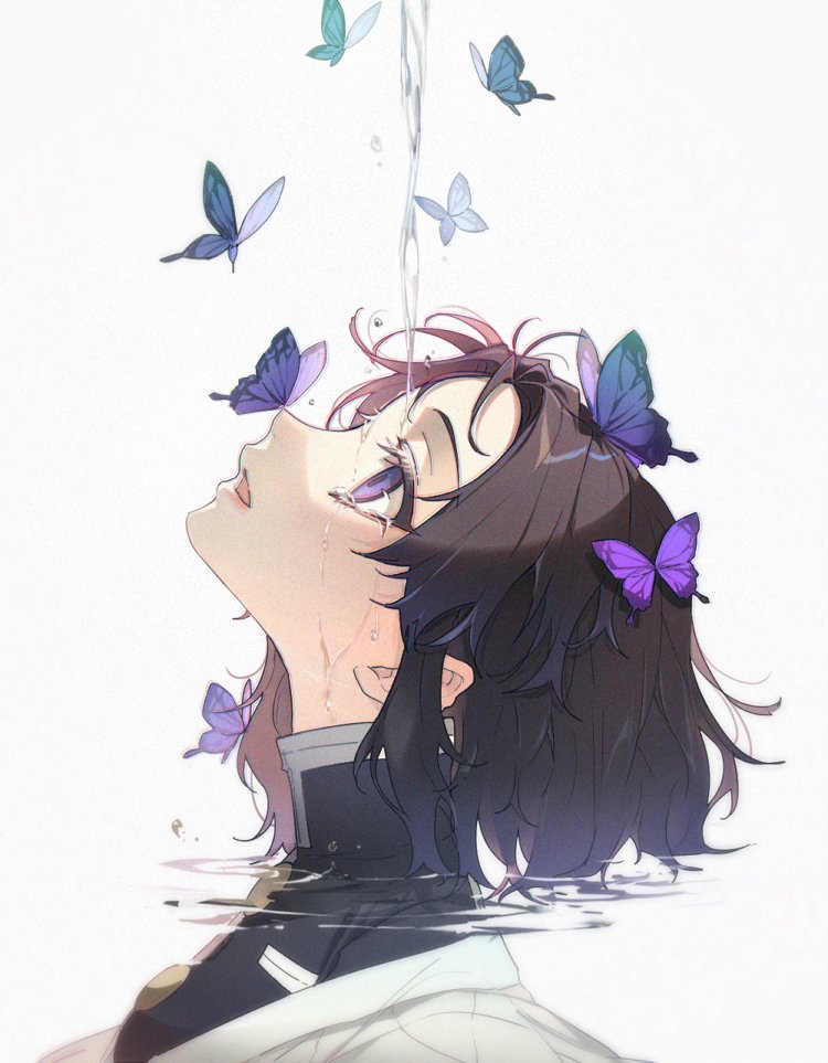 1girl, animal, bangs, black_hair, black_jacket, bug, butterfly, from_side, grey_background, insect, jacket, kimetsu_no_yaiba, kochou_shinobu, looking_away, looking_up, parted_bangs, partially_submerged, pig_ggul, profile, ripples, solo, upper_body, violet_eyes, water
