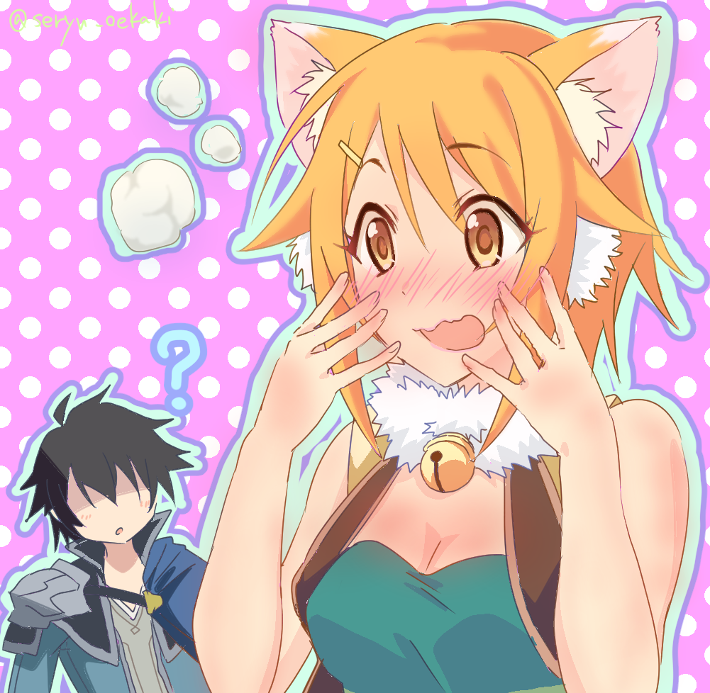 1boy, 1girl, animal_ears, bare_shoulders, blush, cat_ears, cat_girl, hair_between_eyes
